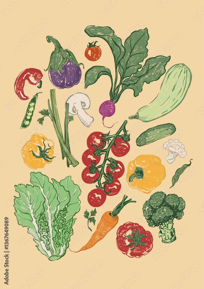custom made wallpaper toronto digitalVector vegetable poster of tomato, carry and potato. Hand-drawn garden harvest sketch. Tasty food illustration for restaurant and cafe interior, veggie market drawing print, fabric or background.