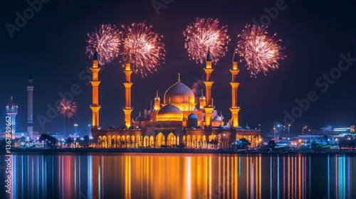 Spectacular Fireworks Over Sultan Salahuddin Abdul Aziz Mosque at Night