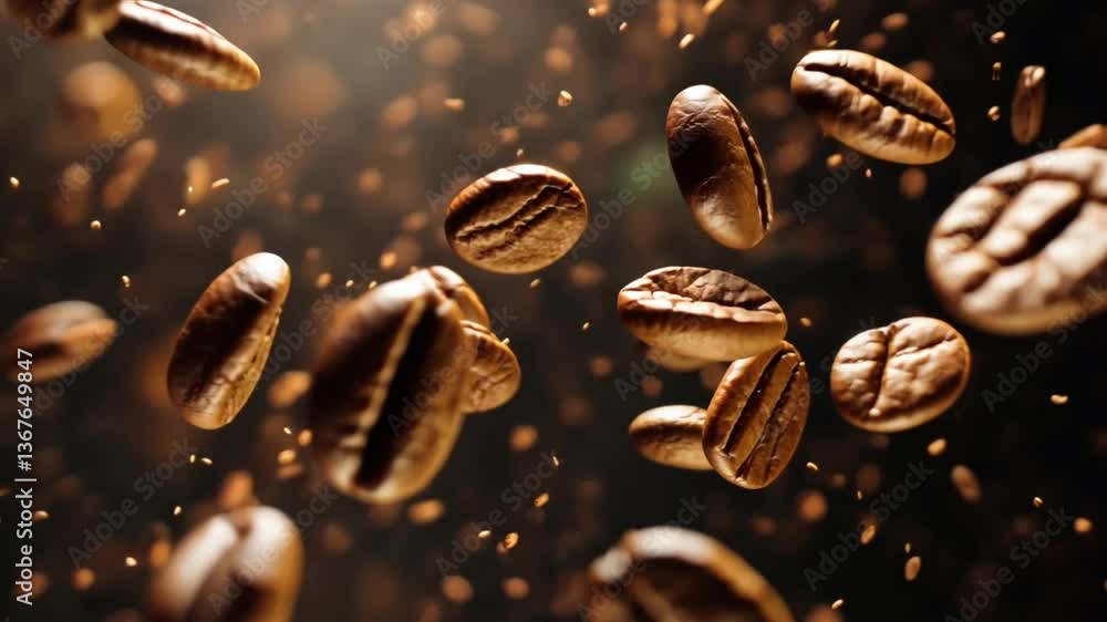 Dynamic Coffee Beans Floating in Air with Particles, Aromatic Coffee Concept Dynamic Coffee Beans Floating in Air with Particles, Aromatic Coffee Concept