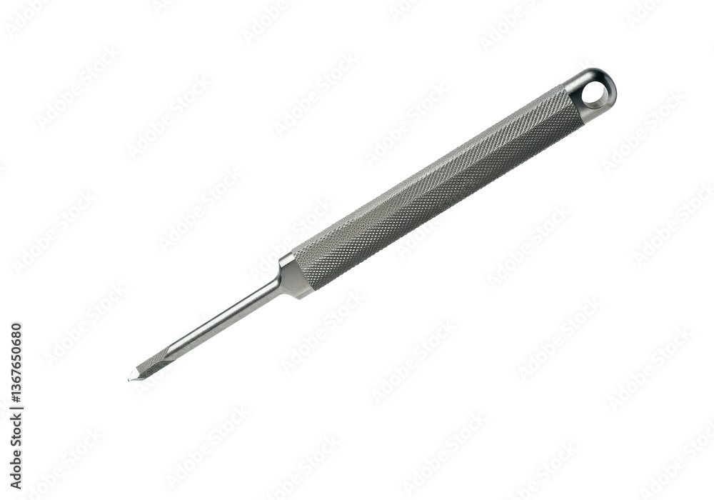 A floating metal file with a textured grip, isolated on a solid white background. A floating metal file with a textured grip, isolated on a solid white background.