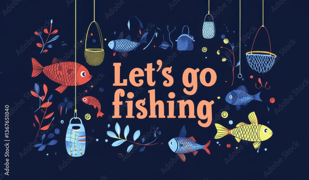 Fototapeta premium Colorful Illustrated Fishing Invitation with Fish and Gear on Navy Background