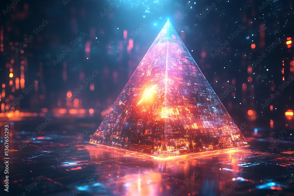 A floating pyramid made of digital marketing elements, glowing in vibrant neon colors against a dark, futuristic backdrop A floating pyramid made of digital marketing elements, glowing in vibrant neon colors against a dark, futuristic backdrop