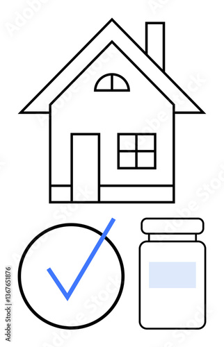 House outline, blue checkmark, and medicine bottle emphasizing health, safety, and care at home. Ideal for wellness, medical assistance, caregiving, home safety healthcare planning health approval