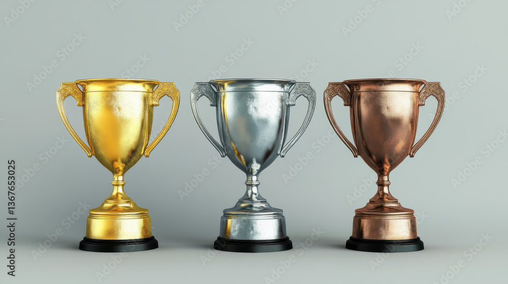 Set of gold silver and bronze trophy cup isolated or on ceremony pedestal for winner award. Realistic champion rewards, first, second, third place, championship success concept. 3d vector illustration Set of gold silver and bronze trophy cup isolated or on ceremony pedestal for winner award. Realistic champion rewards, first, second, third place, championship success concept. 3d vector illustration