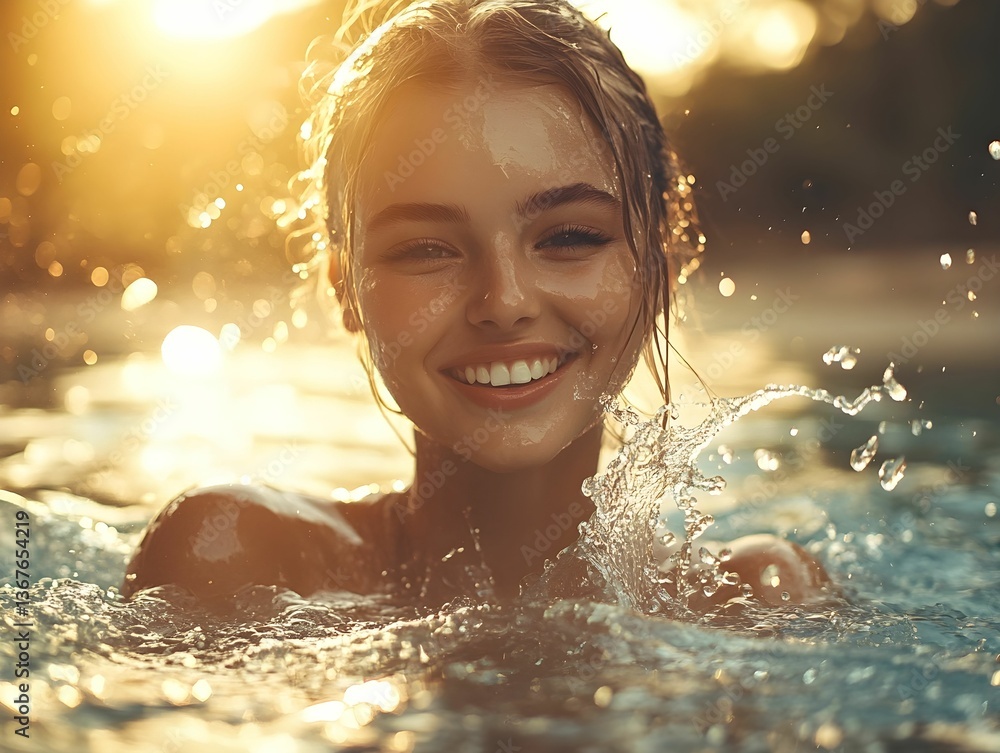 Fototapeta premium Youthful female swimmer gliding through crystal water, golden sunlight dancing on rippling surface, expressing carefree summer happiness and relaxation