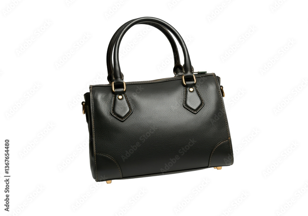 A leather handbag levitating slightly above the surface, on a solid white background A leather handbag levitating slightly above the surface, on a solid white background