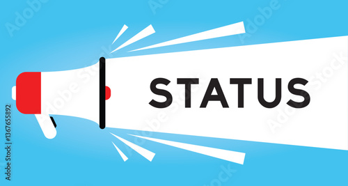 Color megaphone icon with word status in white banner on blue background