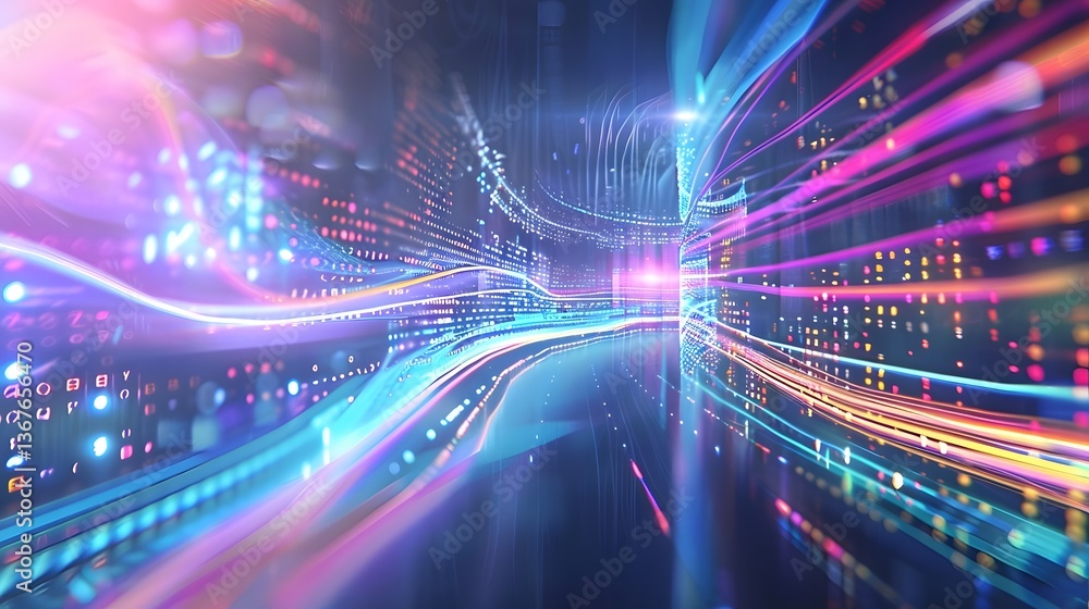 Obraz premium Dazzling digital noise distortion pattern with pixel glitches and fragmented light streaks creating a chaotic and energetic futuristic abstract visualization