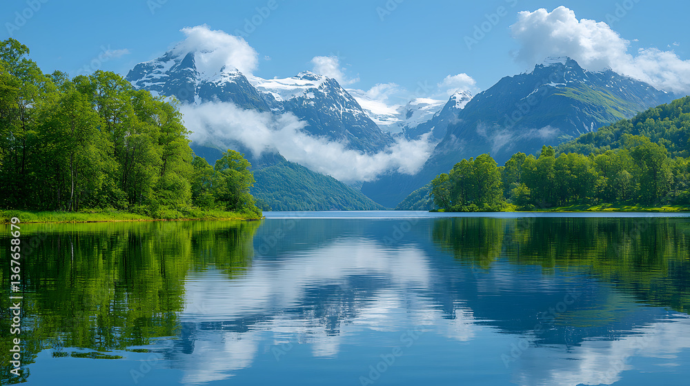 Fototapeta premium Lake and Mountain Panorama: A breathtaking panorama showcasing a serene lake reflecting the snow-capped peaks and lush greenery, evoking a sense of tranquility and awe. 