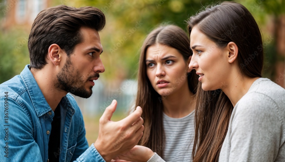 Intense discussion among three young adults in a park Intense discussion among three young adults in a park