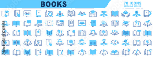 Big set of book related filled line icons. Editable stroke