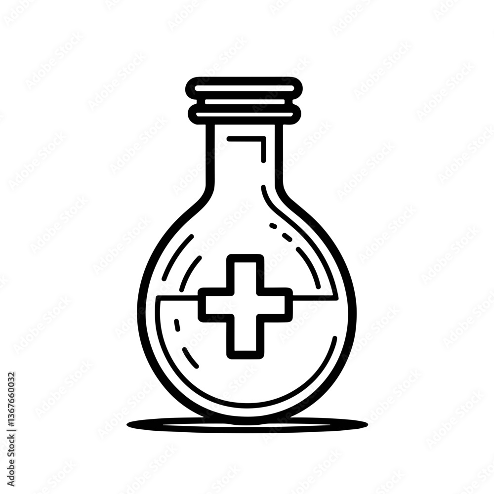 Medical potion in a glass flask with a cross symbol Medical potion in a glass flask with a cross symbol
