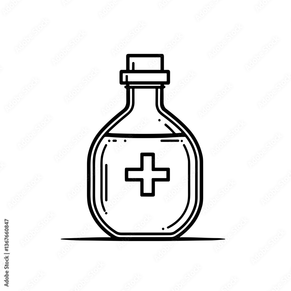 Medical bottle with a cross icon in minimalist style Medical bottle with a cross icon in minimalist style