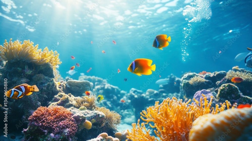 Fototapeta premium Underwater Coral Reef with Colorful Fish Swimming in Clear Blue Water