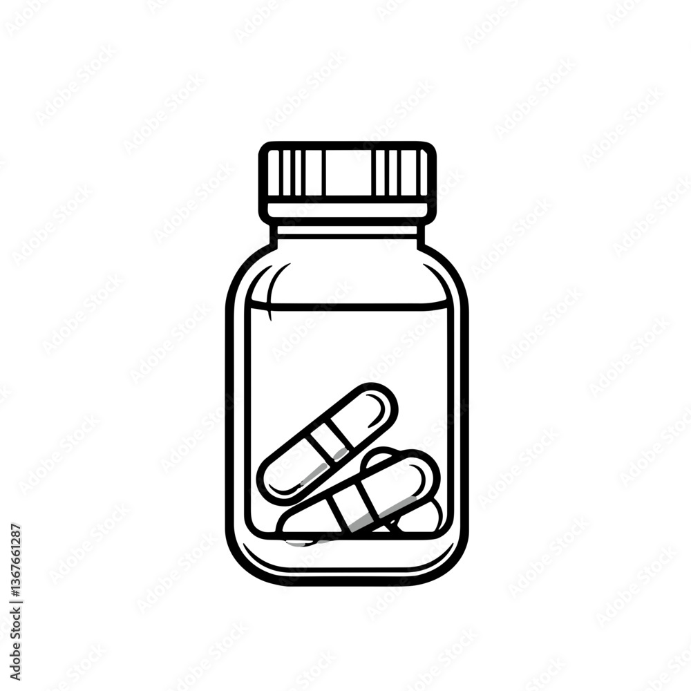 Prescription medicine bottle with capsules in black and white Prescription medicine bottle with capsules in black and white