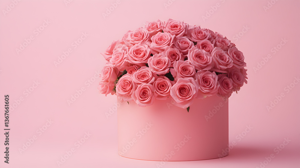 A pink bouquet of roses sits in a pink container A pink bouquet of roses sits in a pink container