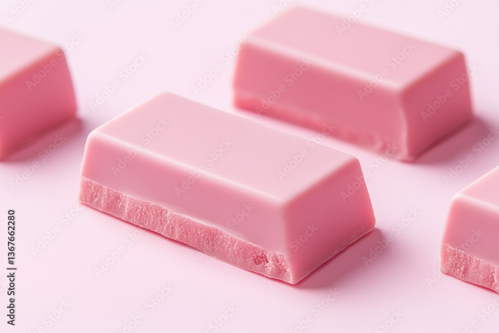 Delicate pink chocolate bars arranged on soft pastel surface, sh Delicate pink chocolate bars arranged on soft pastel surface, sh