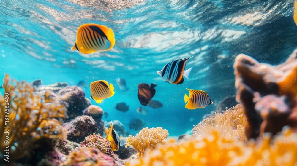 Fototapeta premium Tropical Fish Swimming in Coral Reef Underwater Scene with Turquoise Water