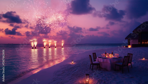 Romantic Beach Dinner Fireworks Sunset Maldives Ocean Celebration