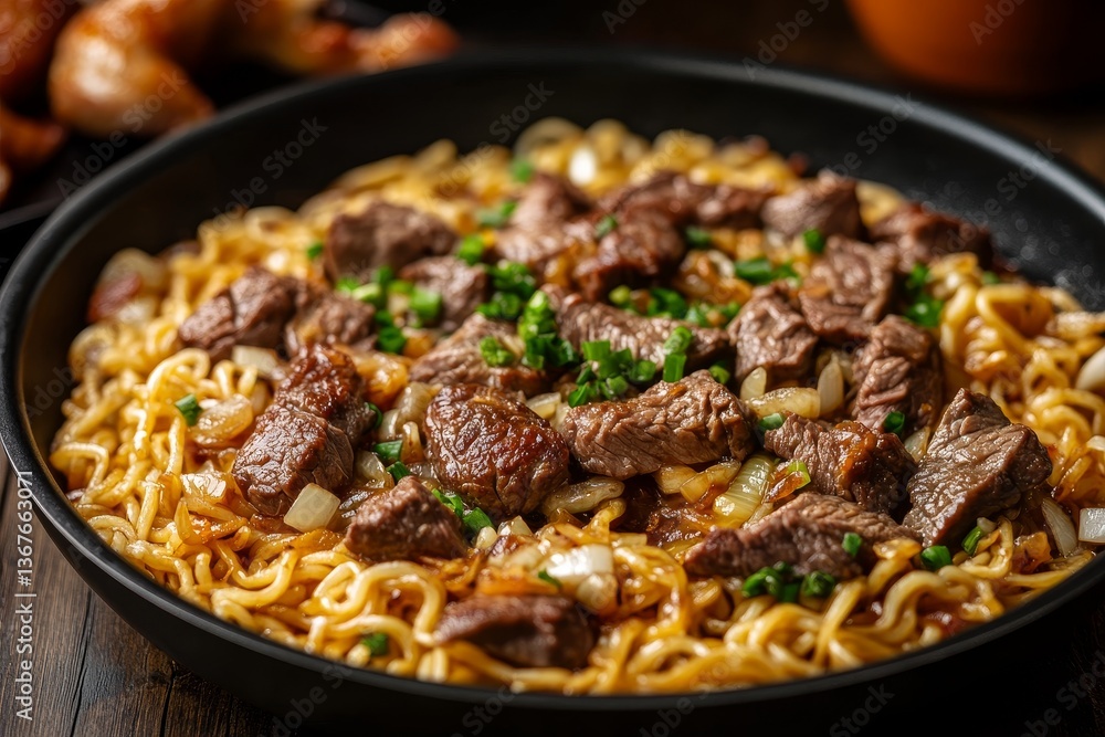 Beef Stir-Fry Noodles on Dark Pan Beef Stir-Fry Noodles on Dark Pan