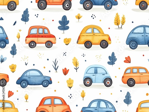 Watercolor cars and autumn leaves forming vibrant, whimsical pattern perfect for children's design, enhancing textile and decor with playful, soft color palette