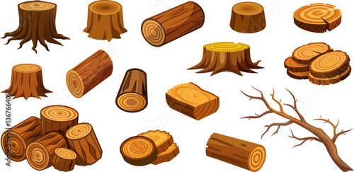 Wood parts vector flat set. Tree logs and stumps set