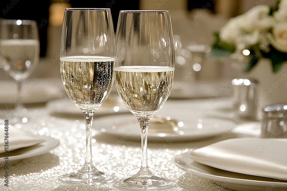 Two Champagne Flutes with Bubbles on a Decorated Table Two Champagne Flutes with Bubbles on a Decorated Table