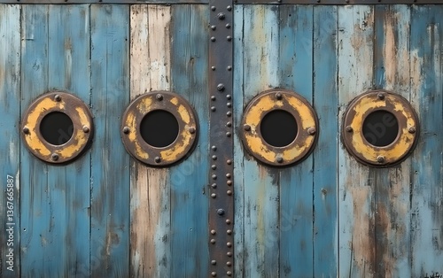 Rustic Wooden Door with Circular Portholes, Vintage Blue and Yellow