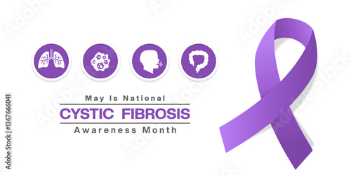 May is National Cystic Fibrosis Awareness Month. Lung, infection, cough, bowel and ribbon. Great for posters, banners, social media and more. White background.