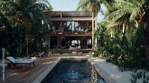 A modern, luxurious villa situated on the beach, complete with a pool, is nestled among palm trees and offers a serene panorama of the blue ocean, set against a brilliant, sunny backdrop
