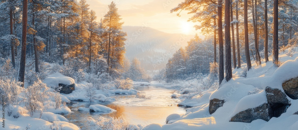 Fototapeta premium Snowy river in winter forest at sunrise; nature background