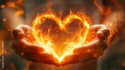 Hands create a fiery heart symbolizing passion and warmth in a vibrant display of energy and light