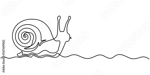 one line drawing of isolated vector object - snail, Continuous one line drawing common garden snail crawling. Snail animal mascot for food logo identity. High nutritious escargot healthy food concept.