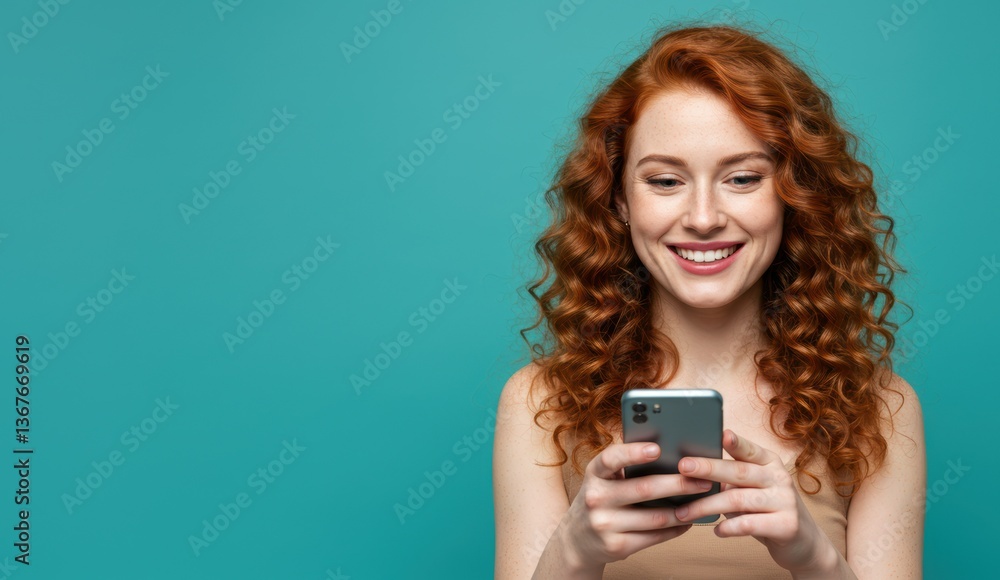 Young Caucasian woman with curly red hair holding phone, smiling against teal background, exploring social media. Young Caucasian woman with curly red hair holding phone, smiling against teal background, exploring social media.