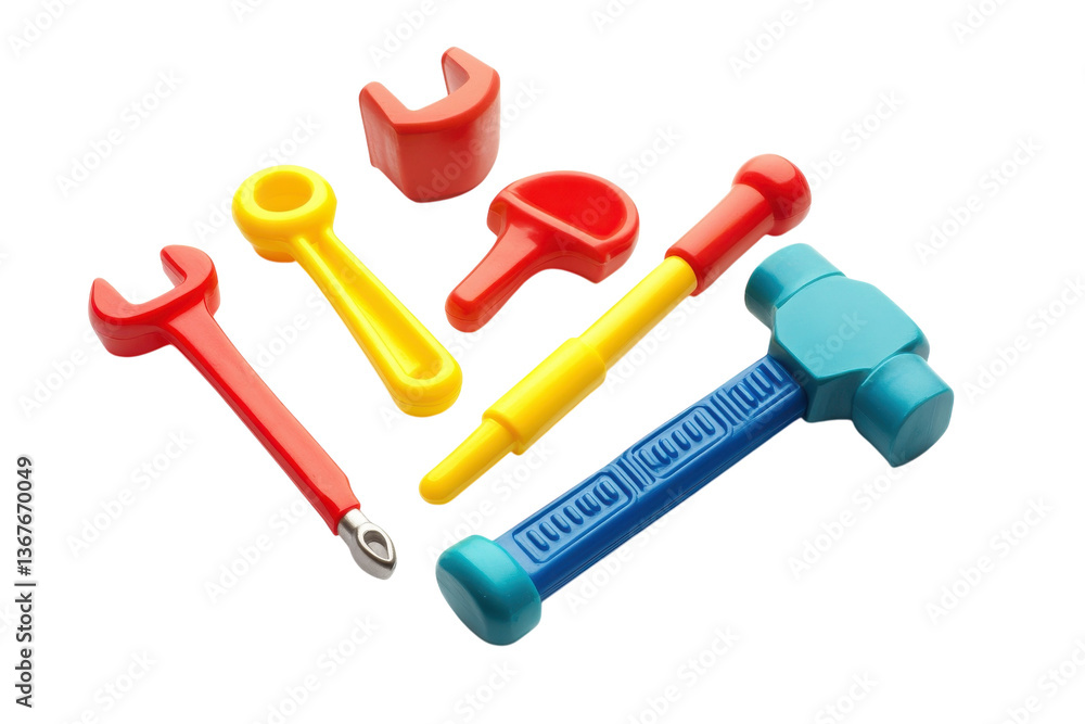 Bright toy tools arranged playfully on white for imaginative activities for kids isolated on transparent background Bright toy tools arranged playfully on white for imaginative activities for kids isolated on transparent background