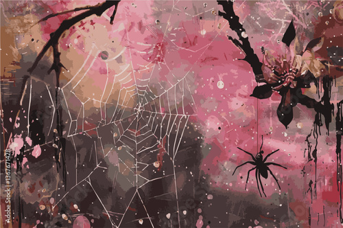 Spider, Grunge art, background, collage, pink and black, sepia, photo, painted, abstract, experimental, glitch, artistic, backdrop, creative, artwork, set with elements, flower, weird, creepy, horror