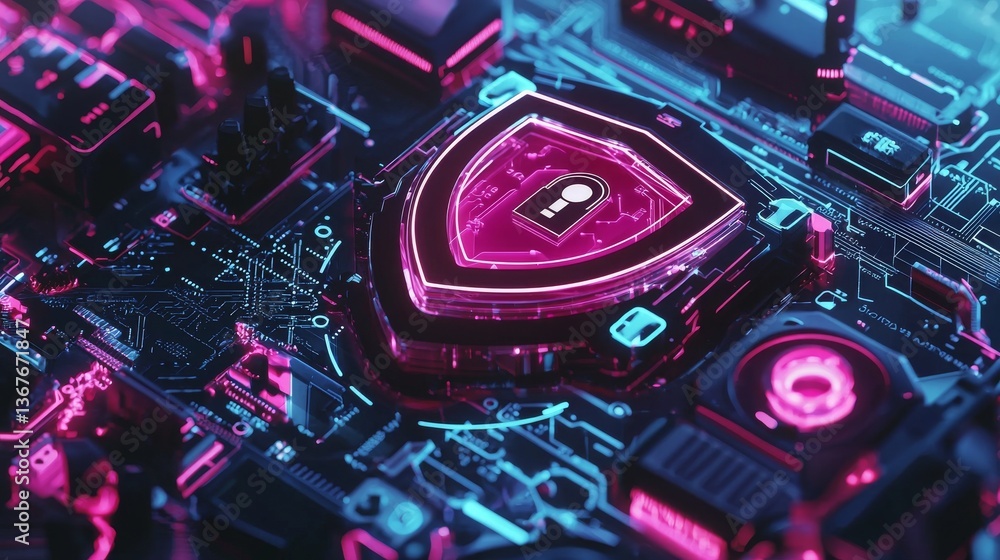 A 3D shield and lock on a server background serve as a digital security concept, illustrating the importance of cybersecurity and data protection in a futuristic world A 3D shield and lock on a server background serve as a digital security concept, illustrating the importance of cybersecurity and data protection in a futuristic world