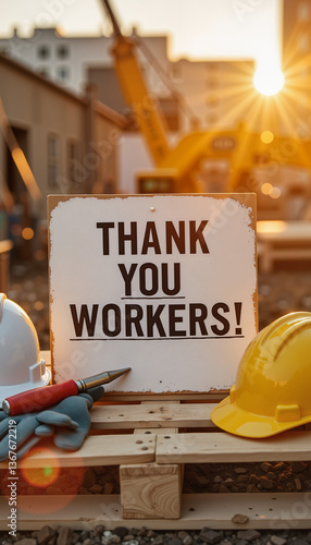 Construction site appreciation sign with tools and helmets  