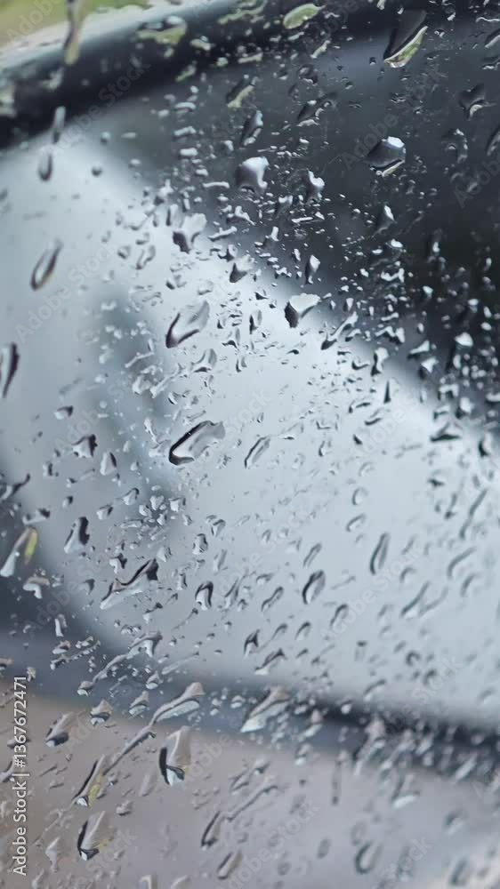 Raindrops on car window surface during grey rainy day Raindrops on car window surface during grey rainy day