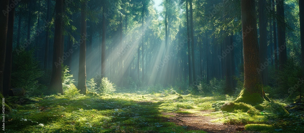Obraz premium Sunbeams in misty forest path, nature background