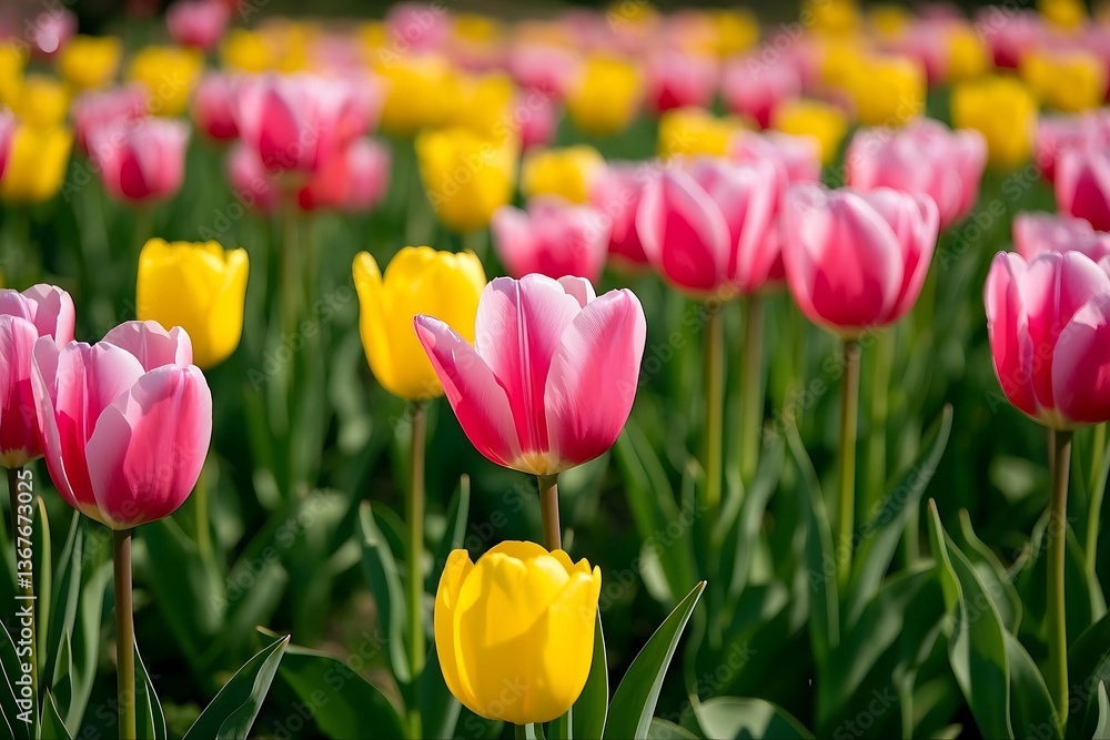 Fototapeta premium Colorful Pink and Yellow Tulips in Full Bloom in a Spring Garden