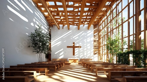 A modern church with an open floor plan boasts sleek wooden benches, a minimalist design altar, a prominent cross on the wall, and ample natural light that brightens the space