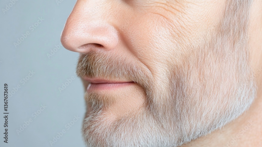 Fototapeta premium Close-up profile view of a mature man's face, showing nose, mouth, and a gray beard. Wrinkles are visible on the skin