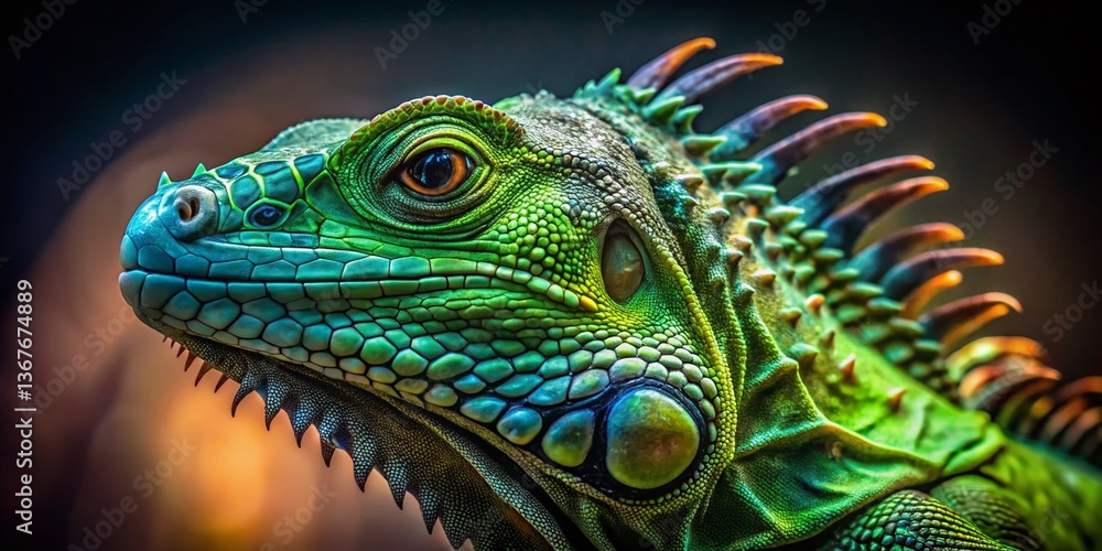 Iguana Portrait: Low Light Reptile Photography, Close Up Green Lizard Iguana Portrait: Low Light Reptile Photography, Close Up Green Lizard