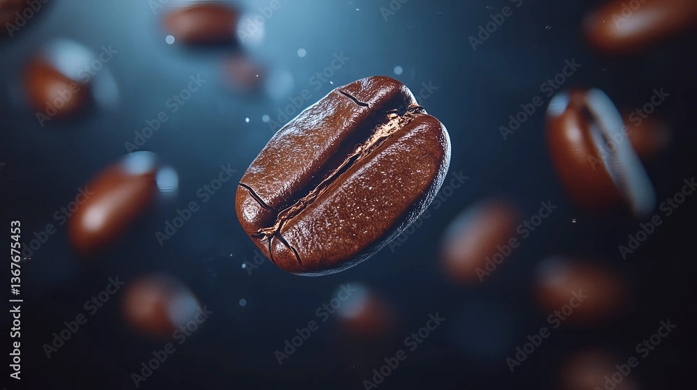 Coffee beans floating in air amidst a dark, atmospheric backdrop, showcasing their rich texture and color Coffee beans floating in air amidst a dark, atmospheric backdrop, showcasing their rich texture and color