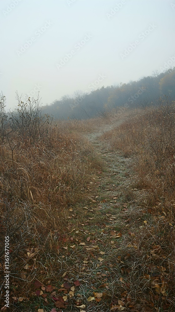 Fototapeta premium Misty autumn path through withered grass and fallen leaves.