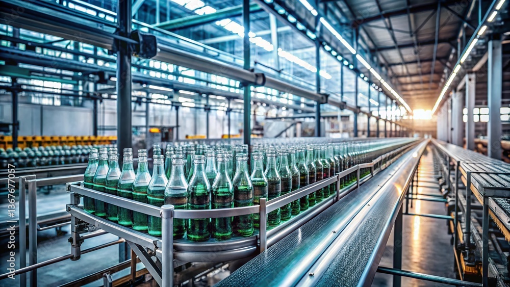 Fototapeta premium Industrial Conveyor Belt: Glass Bottles Factory Production Line