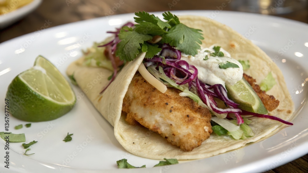 Mexican Fish Taco with Crispy Fried Fish, Fresh Vegetables, Lime, and Cilantro on a White Plate
Mexican Fish Taco with Crispy Fried Fish, Fresh Vegetables, Lime, and Cilantro on a White Plate
