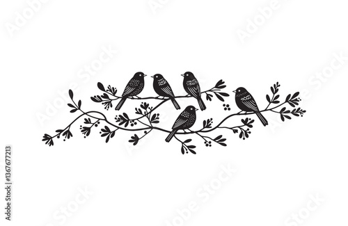 Traditional bird silhouette composition perched birds on flowy branch