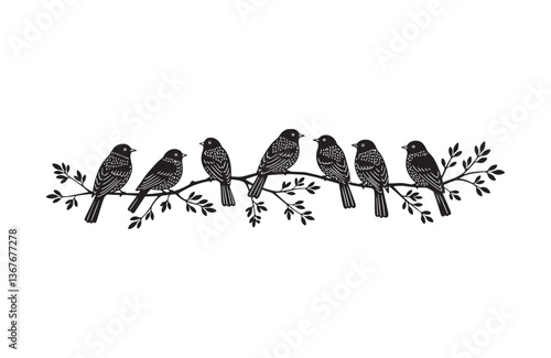 Birds aligned on bare branches ink drawing illustration isolated vector